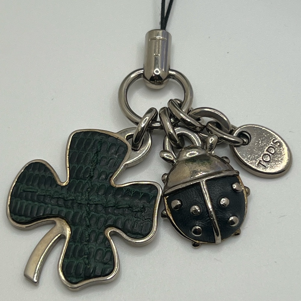TOD'S Leather Clover & Ladybug Phone Charm Green Black Silver Italian - Picture 3 of 6